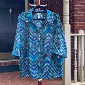 Catherines Collared Button Blouse Green Blue White 1XWP  18/20WP Petite